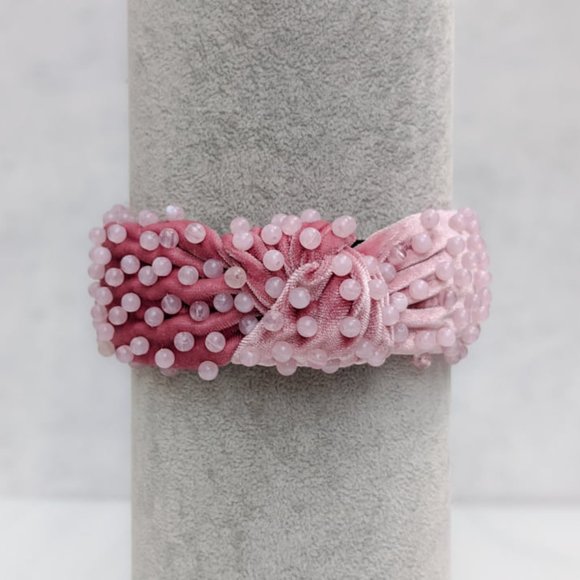 Mauve Pink Beaded Knot Velvet Headband Pink Quartz Swirl Acrylic Beads Handmade main image 7